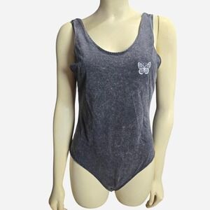 Urban Nation Womens Acid Wash Butterfly Embroidered Bodysuit Gray Size L